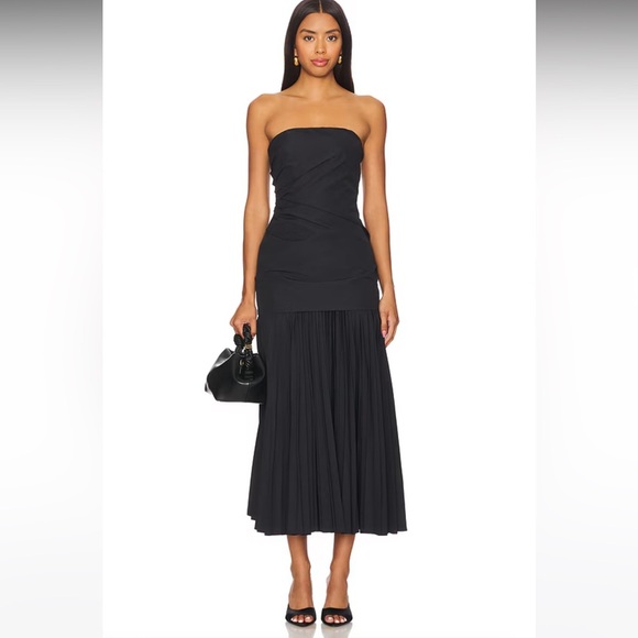 new ALC Austin pleated strapless twofer midi dress in black poplin - Picture 1 of 7